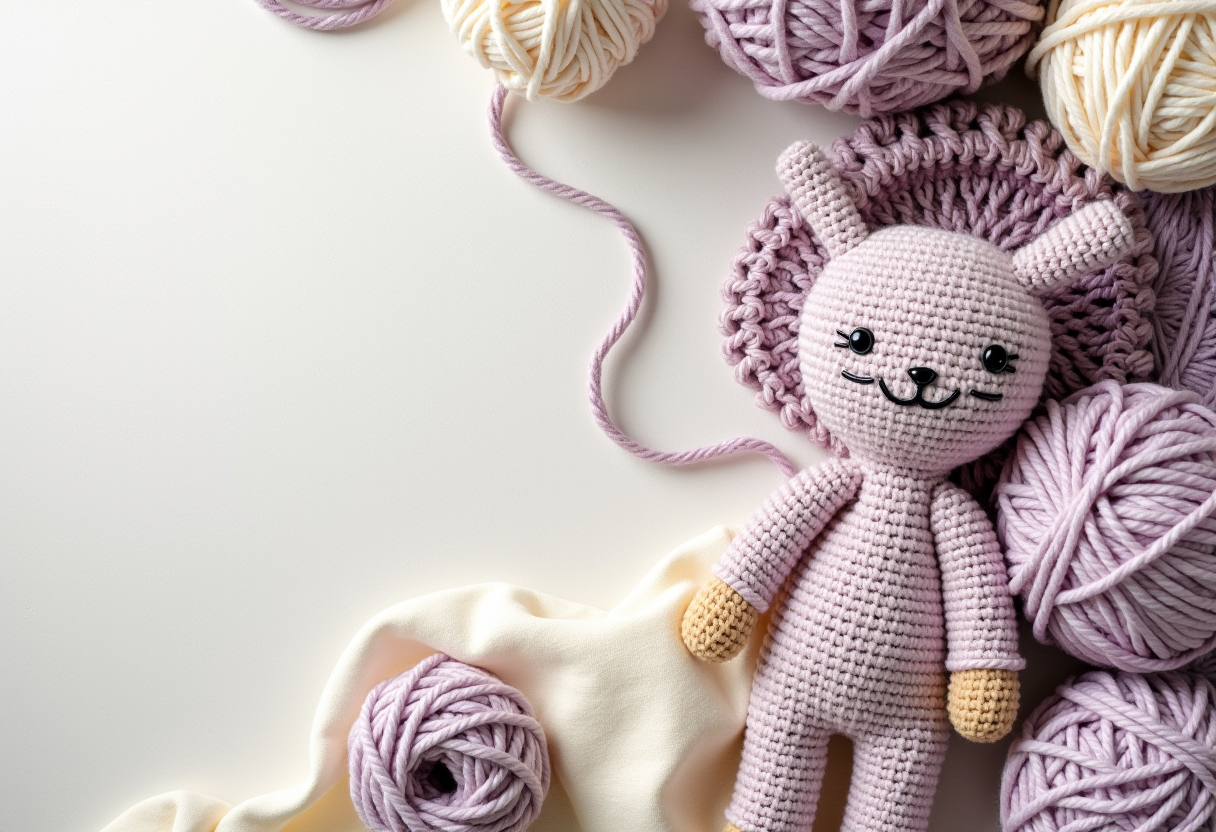 Handmade lavender crochet plushie with balls of yarn